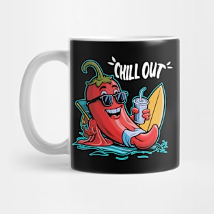 "Chill Out" Fun Cartoon Illustration of a Relaxed Red Chili Pepper Lounging with a Drink and Surfboard Mug